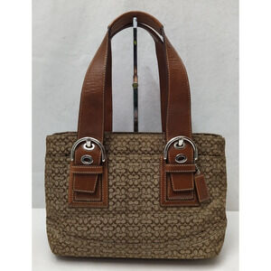Coach Signature Brown Canvas Leather Trim Double Handle Zipper Tote Bag